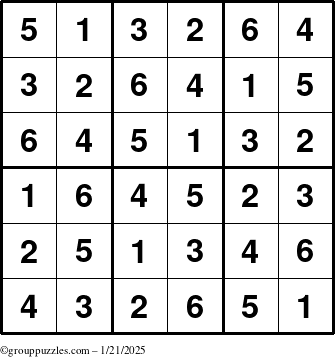 The grouppuzzles.com Answer grid for the Sudoku-6up puzzle for Tuesday January 21, 2025