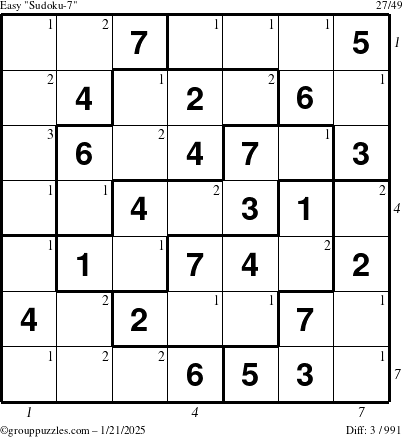 The grouppuzzles.com Easy Sudoku-7 puzzle for Tuesday January 21, 2025 with all 3 steps marked