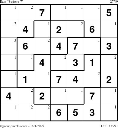 The grouppuzzles.com Easy Sudoku-7 puzzle for Tuesday January 21, 2025 with the first 3 steps marked