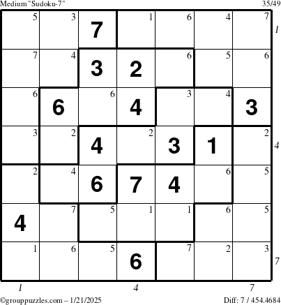 The grouppuzzles.com Medium Sudoku-7 puzzle for Tuesday January 21, 2025, suitable for printing, with all 7 steps marked