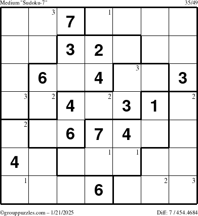 The grouppuzzles.com Medium Sudoku-7 puzzle for Tuesday January 21, 2025 with the first 3 steps marked