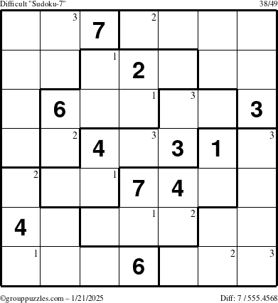 The grouppuzzles.com Difficult Sudoku-7 puzzle for Tuesday January 21, 2025 with the first 3 steps marked