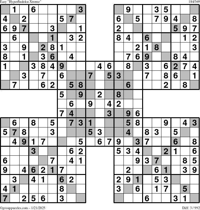 The grouppuzzles.com Easy HyperSudoku-Xtreme puzzle for Tuesday January 21, 2025