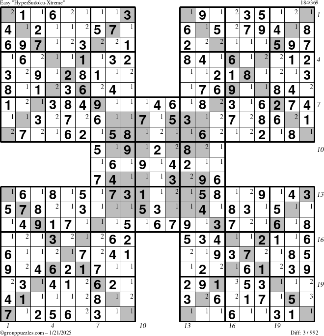 The grouppuzzles.com Easy HyperSudoku-Xtreme puzzle for Tuesday January 21, 2025 with all 3 steps marked