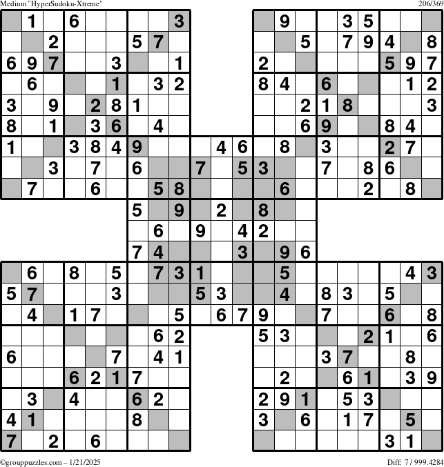 The grouppuzzles.com Medium HyperSudoku-Xtreme puzzle for Tuesday January 21, 2025