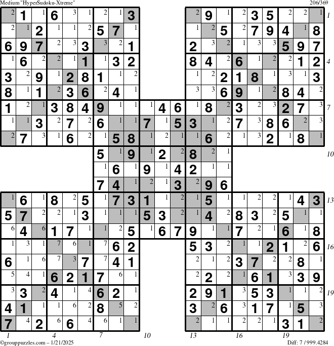 The grouppuzzles.com Medium HyperSudoku-Xtreme puzzle for Tuesday January 21, 2025 with all 7 steps marked