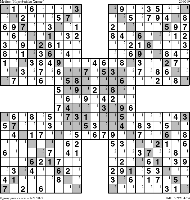 The grouppuzzles.com Medium HyperSudoku-Xtreme puzzle for Tuesday January 21, 2025 with the first 3 steps marked