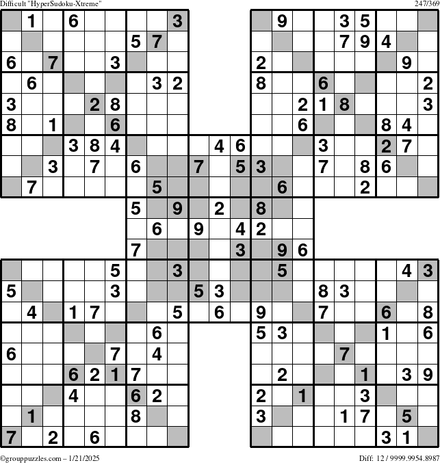The grouppuzzles.com Difficult HyperSudoku-Xtreme puzzle for Tuesday January 21, 2025