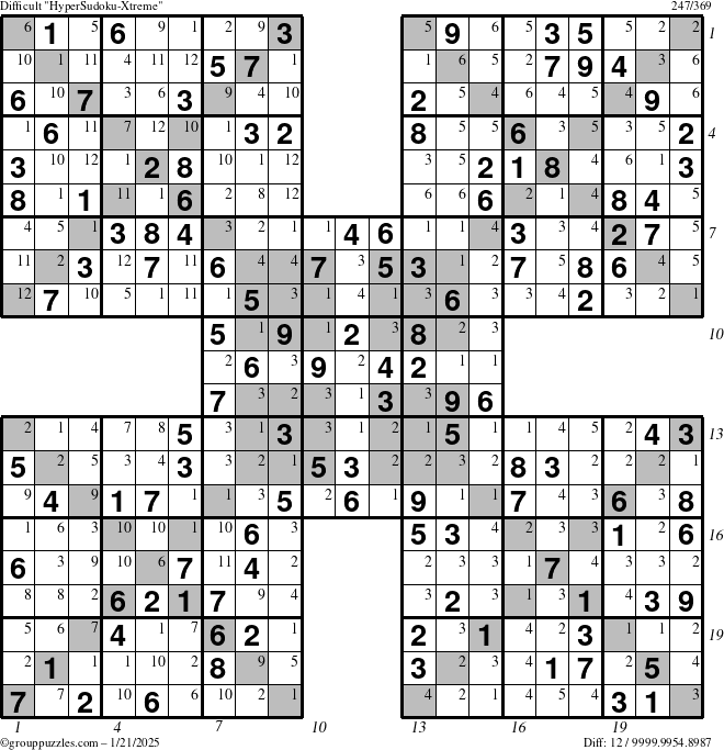 The grouppuzzles.com Difficult HyperSudoku-Xtreme puzzle for Tuesday January 21, 2025 with all 12 steps marked