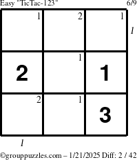 The grouppuzzles.com Easy TicTac-123 puzzle for Tuesday January 21, 2025 with all 2 steps marked