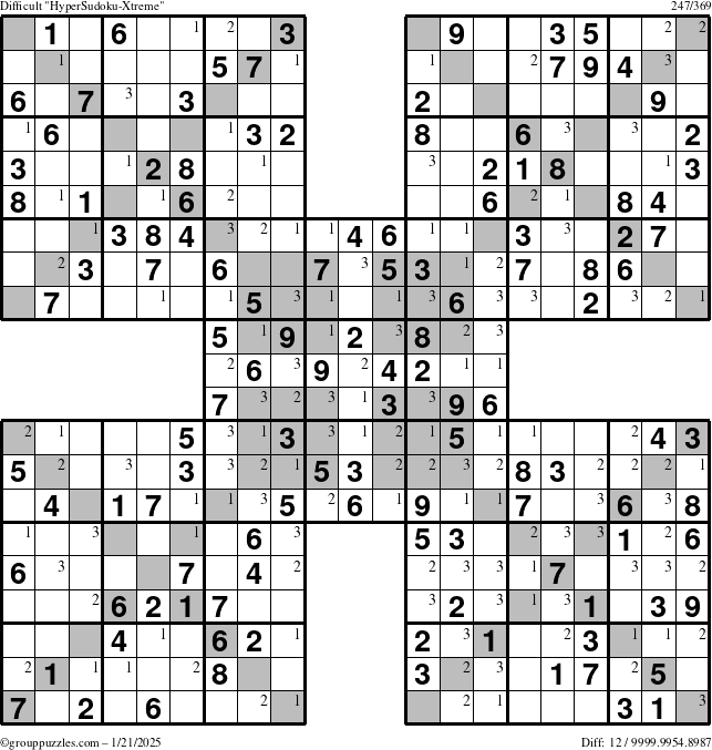 The grouppuzzles.com Difficult HyperSudoku-Xtreme puzzle for Tuesday January 21, 2025 with the first 3 steps marked