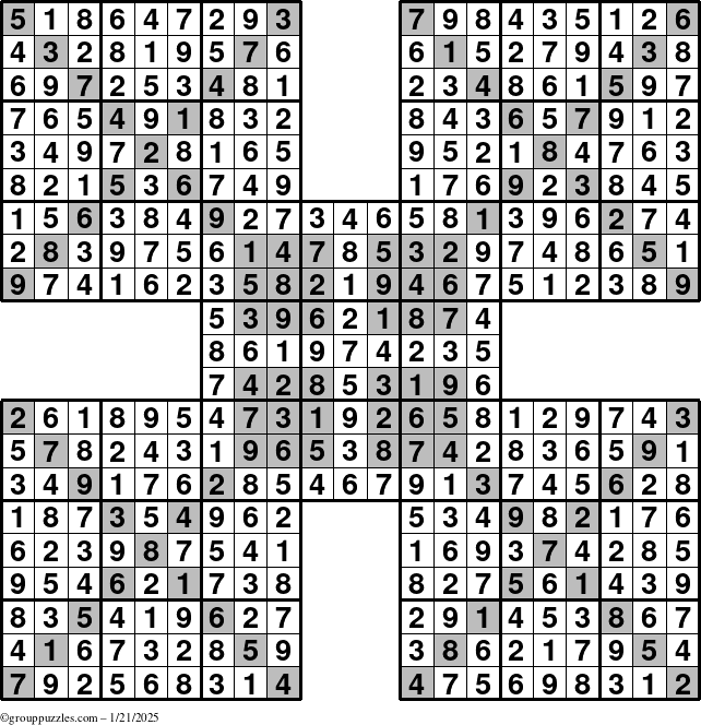 The grouppuzzles.com Answer grid for the HyperSudoku-Xtreme puzzle for Tuesday January 21, 2025