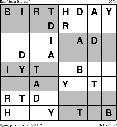 The grouppuzzles.com Easy Super-Birthday puzzle for Tuesday January 21, 2025