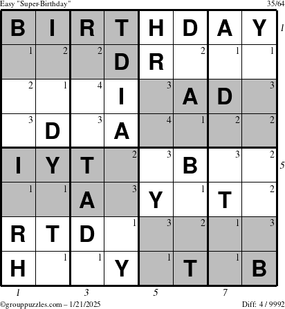 The grouppuzzles.com Easy Super-Birthday puzzle for Tuesday January 21, 2025 with all 4 steps marked