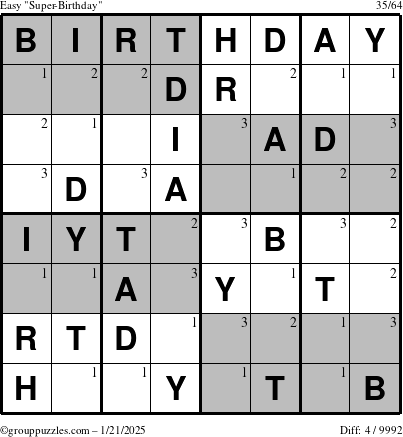 The grouppuzzles.com Easy Super-Birthday puzzle for Tuesday January 21, 2025 with the first 3 steps marked