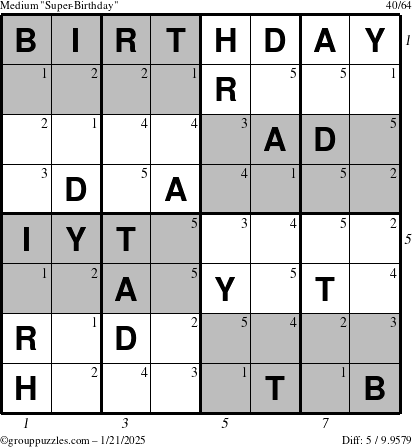 The grouppuzzles.com Medium Super-Birthday puzzle for Tuesday January 21, 2025 with all 5 steps marked