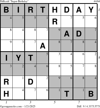 The grouppuzzles.com Difficult Super-Birthday puzzle for Tuesday January 21, 2025 with all 9 steps marked