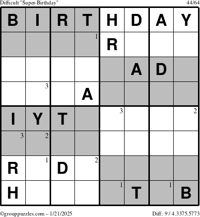 The grouppuzzles.com Difficult Super-Birthday puzzle for Tuesday January 21, 2025 with the first 3 steps marked