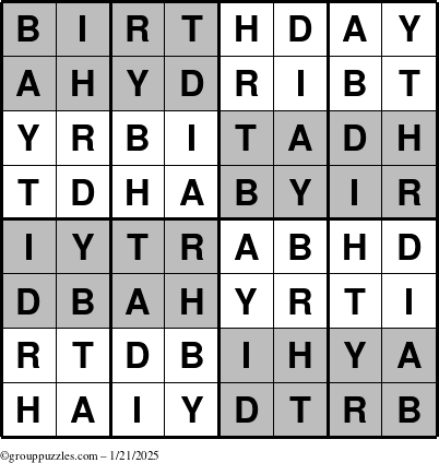 The grouppuzzles.com Answer grid for the Super-Birthday puzzle for Tuesday January 21, 2025