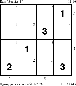 The grouppuzzles.com Easy Sudoku-4 puzzle for Sunday May 31, 2026, suitable for printing, with all 3 steps marked