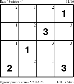 The grouppuzzles.com Easy Sudoku-4 puzzle for Sunday May 31, 2026 with the first 3 steps marked