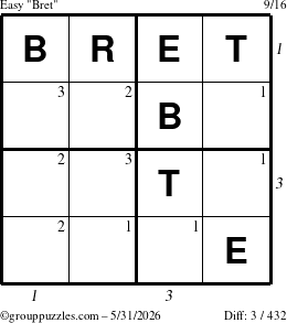 The grouppuzzles.com Easy Bret puzzle for Sunday May 31, 2026 with all 3 steps marked