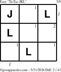 The grouppuzzles.com Easy TicTac-JKL puzzle for Sunday May 31, 2026 with all 2 steps marked