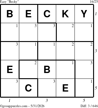 The grouppuzzles.com Easy Becky puzzle for Sunday May 31, 2026 with all 3 steps marked