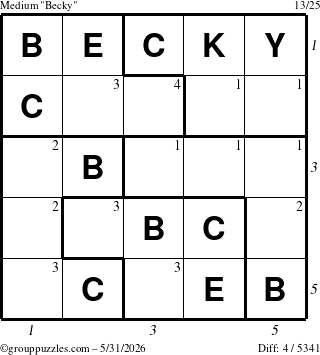 The grouppuzzles.com Medium Becky puzzle for Sunday May 31, 2026 with all 4 steps marked