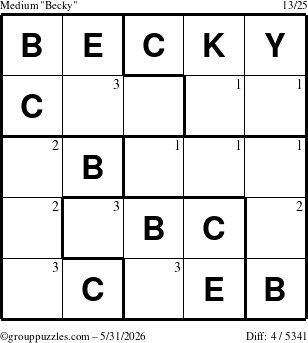 The grouppuzzles.com Medium Becky puzzle for Sunday May 31, 2026 with the first 3 steps marked