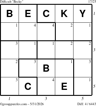 The grouppuzzles.com Difficult Becky puzzle for Sunday May 31, 2026, suitable for printing, with all 4 steps marked