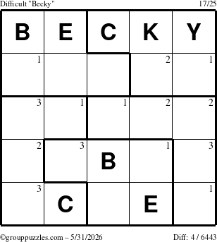 The grouppuzzles.com Difficult Becky puzzle for Sunday May 31, 2026 with the first 3 steps marked