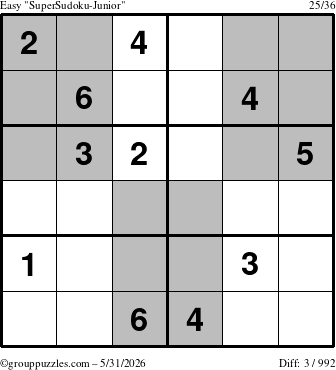 The grouppuzzles.com Easy SuperSudoku-Junior puzzle for Sunday May 31, 2026