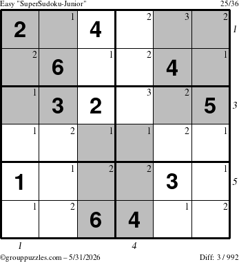The grouppuzzles.com Easy SuperSudoku-Junior puzzle for Sunday May 31, 2026, suitable for printing, with all 3 steps marked