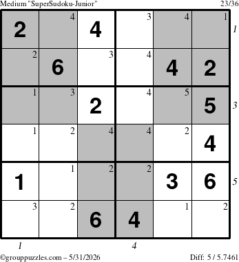 The grouppuzzles.com Medium SuperSudoku-Junior puzzle for Sunday May 31, 2026 with all 5 steps marked