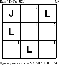 The grouppuzzles.com Easy TicTac-JKL puzzle for Sunday May 31, 2026 with the first 2 steps marked