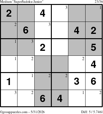 The grouppuzzles.com Medium SuperSudoku-Junior puzzle for Sunday May 31, 2026 with the first 3 steps marked