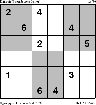 The grouppuzzles.com Difficult SuperSudoku-Junior puzzle for Sunday May 31, 2026