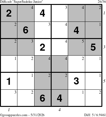 The grouppuzzles.com Difficult SuperSudoku-Junior puzzle for Sunday May 31, 2026, suitable for printing, with all 5 steps marked