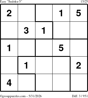 The grouppuzzles.com Easy Sudoku-5 puzzle for Sunday May 31, 2026