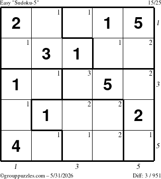 The grouppuzzles.com Easy Sudoku-5 puzzle for Sunday May 31, 2026 with all 3 steps marked