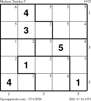 The grouppuzzles.com Medium Sudoku-5 puzzle for Sunday May 31, 2026, suitable for printing, with all 6 steps marked