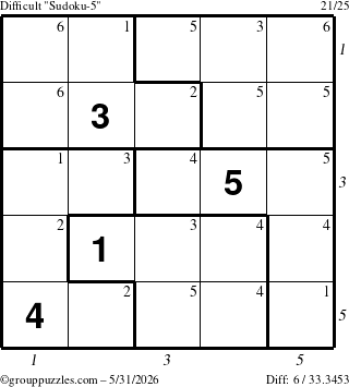The grouppuzzles.com Difficult Sudoku-5 puzzle for Sunday May 31, 2026 with all 6 steps marked