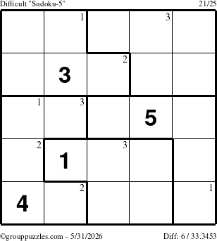 The grouppuzzles.com Difficult Sudoku-5 puzzle for Sunday May 31, 2026 with the first 3 steps marked
