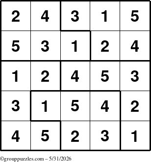 The grouppuzzles.com Answer grid for the Sudoku-5 puzzle for Sunday May 31, 2026