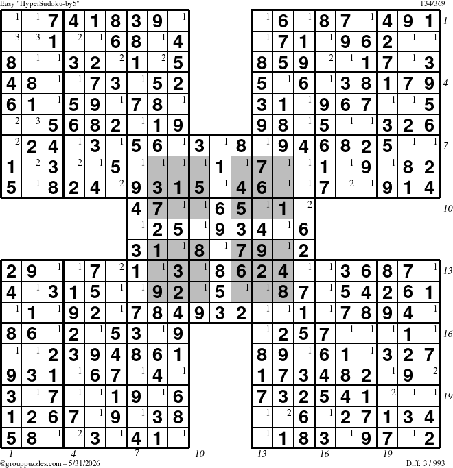 The grouppuzzles.com Easy HyperSudoku-by5 puzzle for Sunday May 31, 2026 with all 3 steps marked