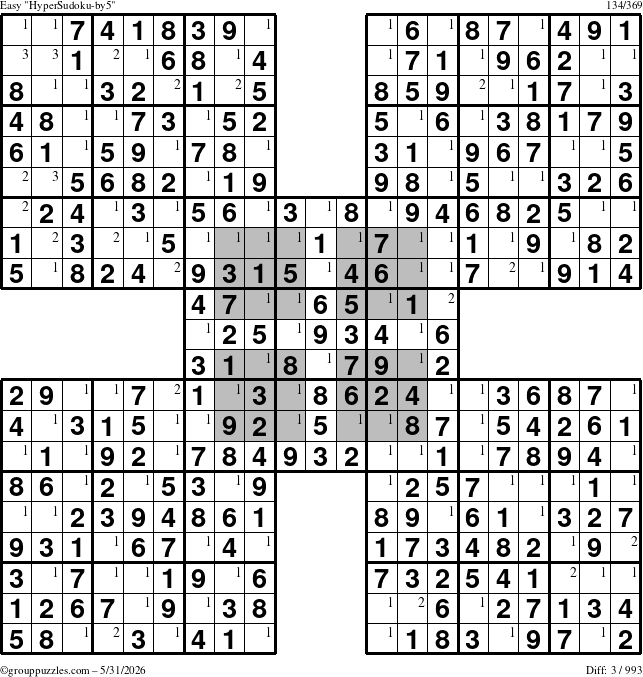 The grouppuzzles.com Easy HyperSudoku-by5 puzzle for Sunday May 31, 2026 with the first 3 steps marked