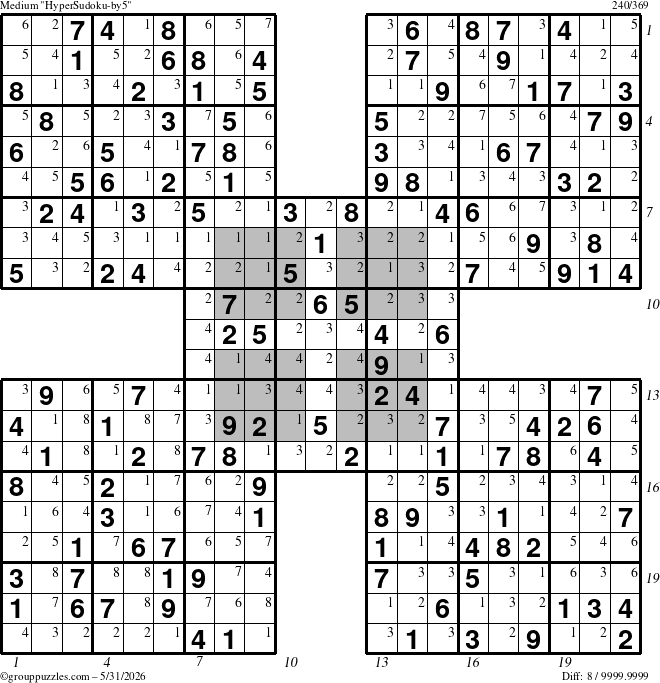 The grouppuzzles.com Medium HyperSudoku-by5 puzzle for Sunday May 31, 2026 with all 8 steps marked