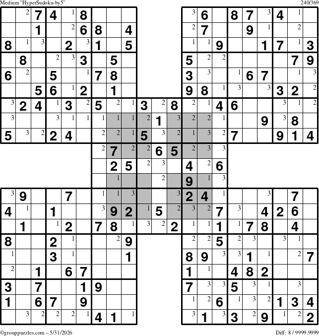 The grouppuzzles.com Medium HyperSudoku-by5 puzzle for Sunday May 31, 2026 with the first 3 steps marked