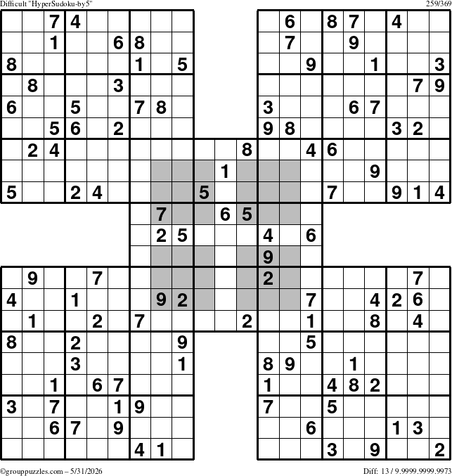 The grouppuzzles.com Difficult HyperSudoku-by5 puzzle for Sunday May 31, 2026
